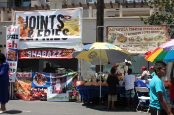 The food offerings at the Jazz Festival range from soul food, gumbo and jambalaya, to Mexican and Salvadoran tacos and pupusas, reflecting the demographics in the South Central neighborhood.
