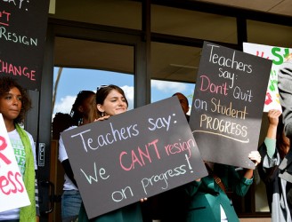 Teachers rallying at School Board meeting. Photo credit:  Brianna Sacks