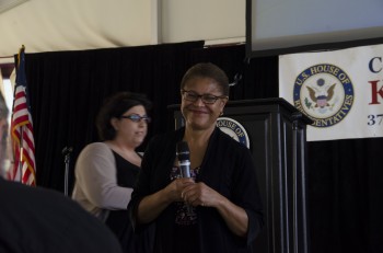 South LA Congresswoman Bass engages with the audience at Saturday's town hall meeting.