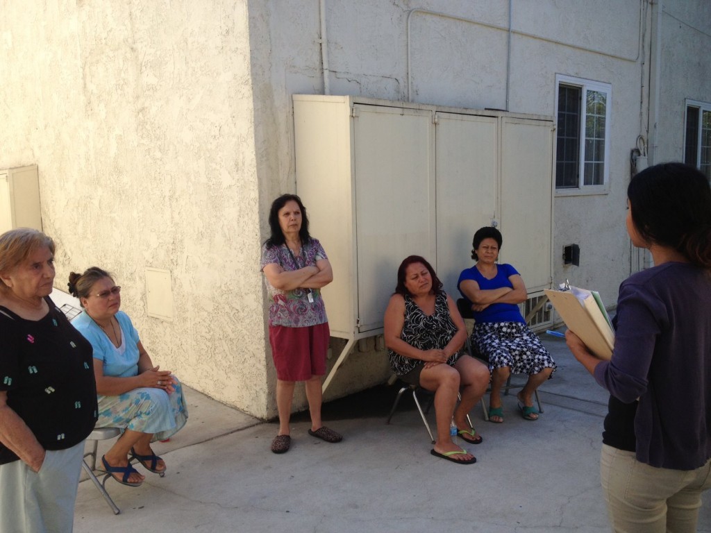 CES HUD tenants meet with CES Tenant Organizer Valerie Lizárraga at an apartment complex near USC to discuss maintenance problems such as cracked-deteriorating bathroom flooring, missing bathroom vents, broken appliances and a cockroach infestation. | CES Facebook