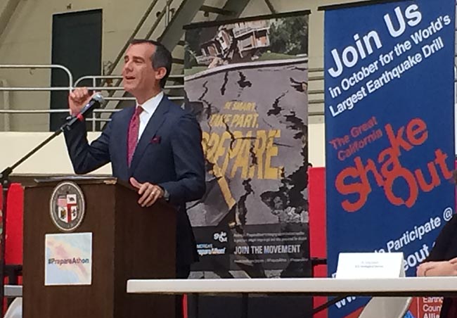 Los Angeles Mayor Eric Garcetti speaks about resiliency and earthquake preparedness Sept. 30.|Marisa Zocco