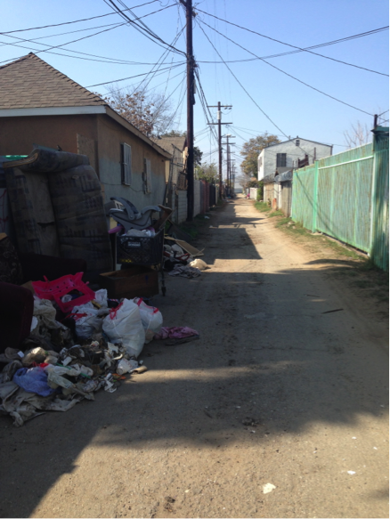 The alley between 53rd and 54th streets at San Pedro and Main streets is slated for transformation into a green space for residents to walk and play. | Jordyn Holman