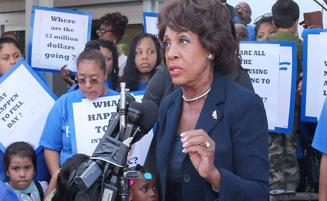 Maxine Waters speaking outside the LACOE meeting on Tuesday. | Stephanie Monte