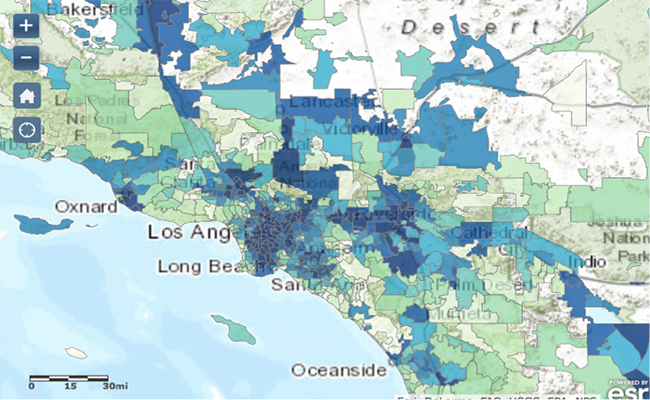 Screenshot of the Southern California area on CalEnviroScreen. The dark blue portions indicate the most polluted areas. | CalEnviroScreen