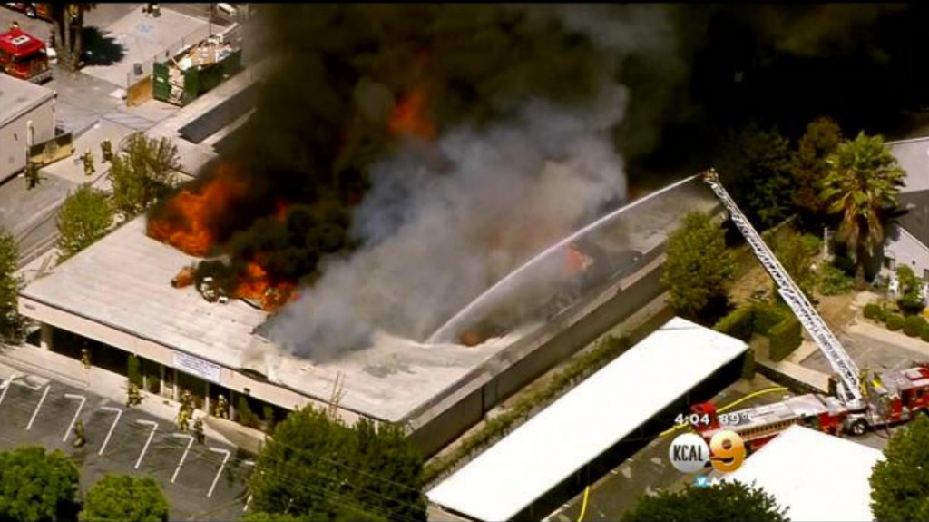 Animo South Los Angeles Charter School catches fire. | Video screenshot from KCAL 9