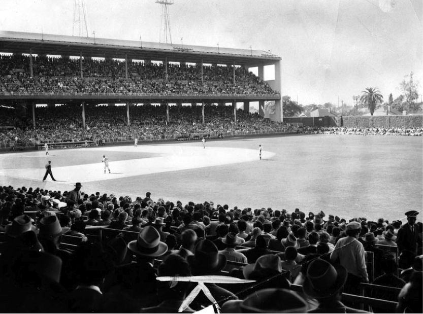 Fans are pictured here watching a baseball game in LA’s Wrigley Field. | Los Angeles Public Library Photo Collection.
