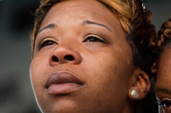 Michael Brown's mother, Lesley McSpadden, on stage at the St. Louis Peace Fest the day before burying her son. |Brett Myers/Youth Radio