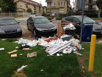 Trash piled up by a street corner near Ellendale Place and Adams Blvd.| Photo by Jordyn Holman 